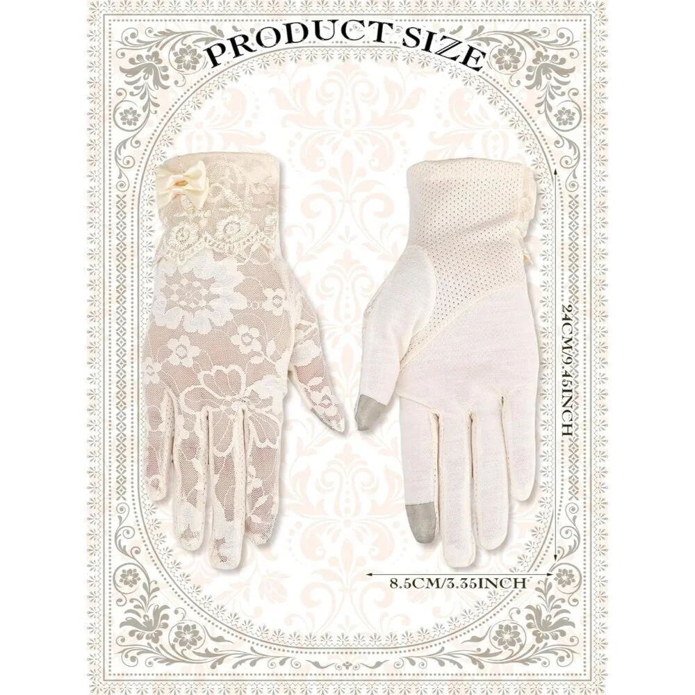 Women's Beige Short Floral Finger Less Nylon Halloween Cosplay Lace Gloves